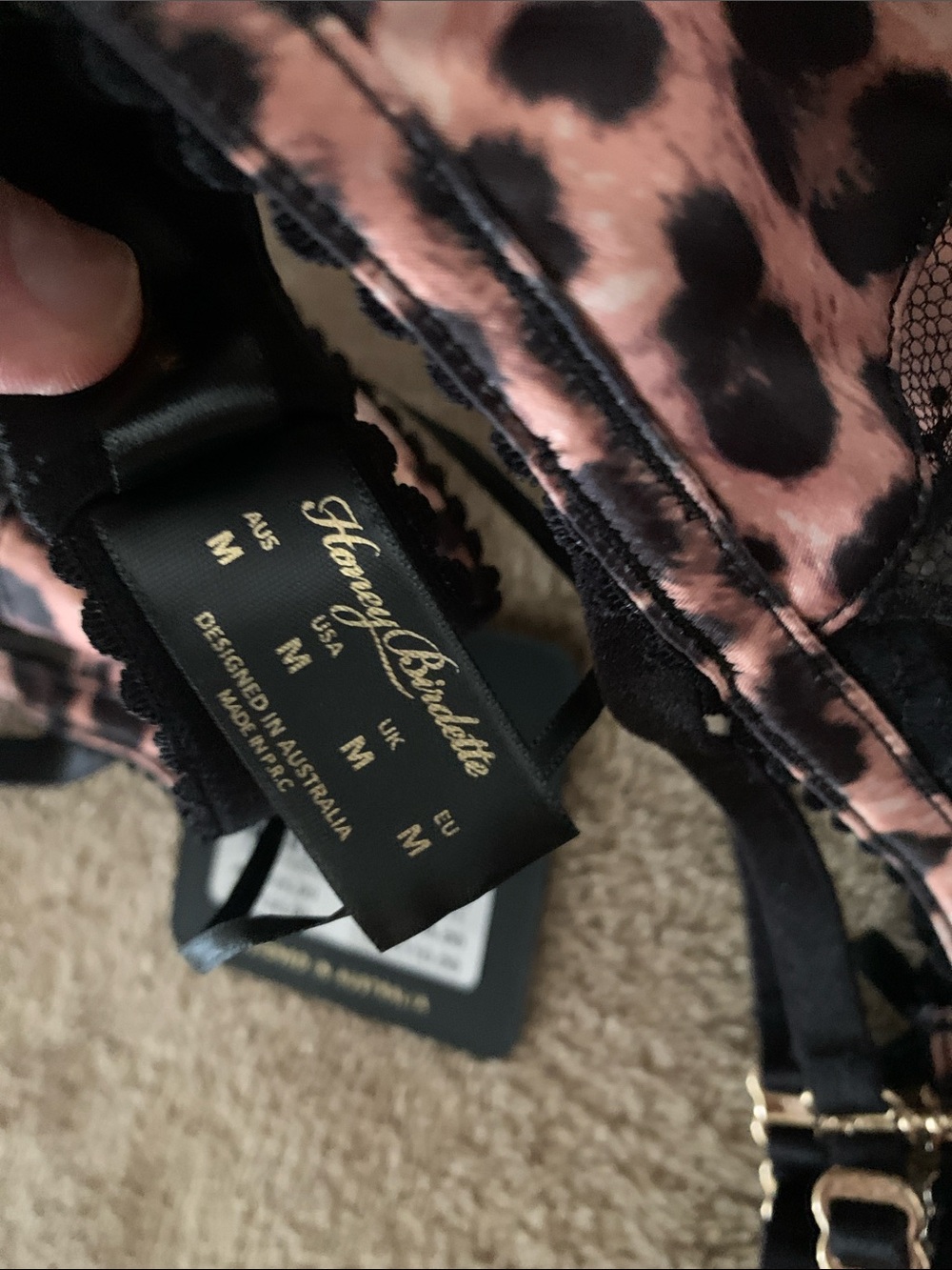 Honey Birdette “Addison” Leopard Black Lace Trim Three-Piece Lingerie Set - Picture 7 of 9